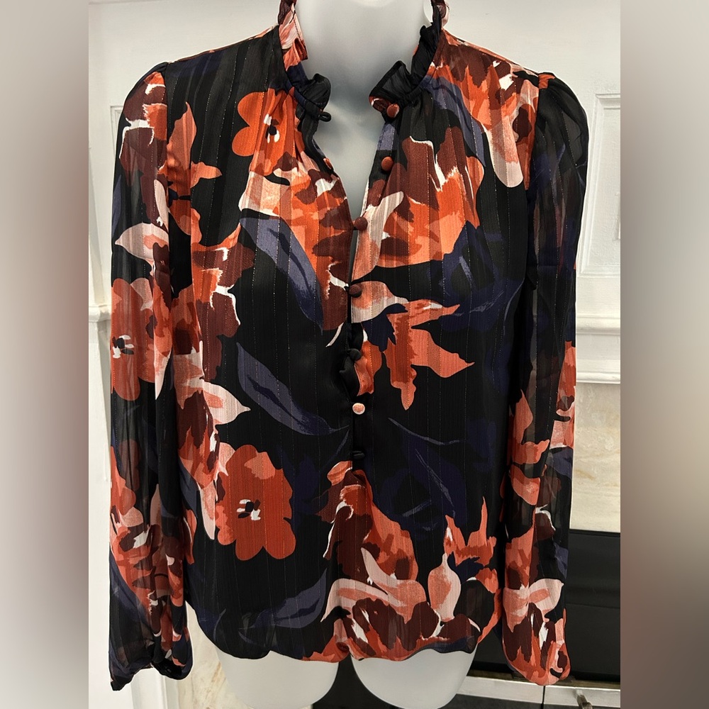 Haver London‎ XS loose fit blouse orange blue black floral metallic